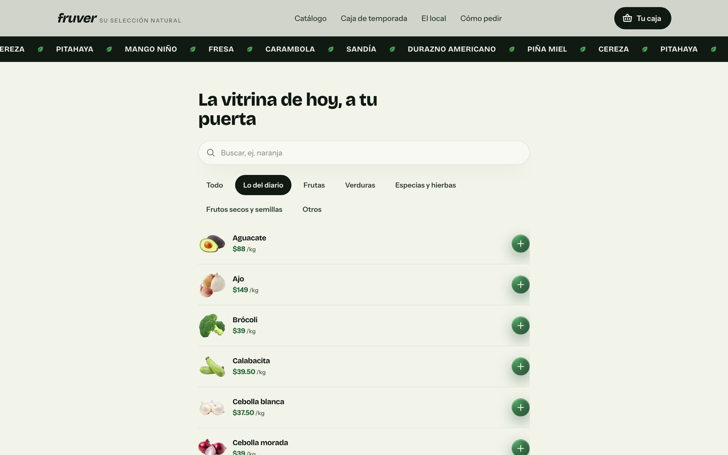 Catálogo de Fruver con precios por kilo y carrito de pedidos